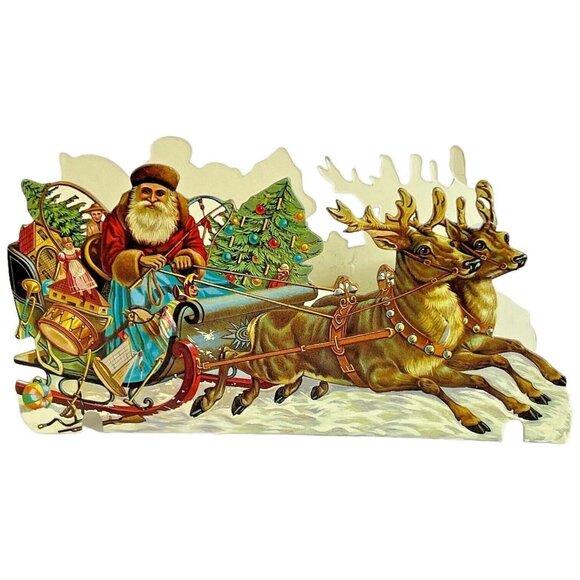 1986 Merrimack Die Cut Santa In Sleigh 3D Victorian Style Christmas Ornament Box - Picture 1 of 11